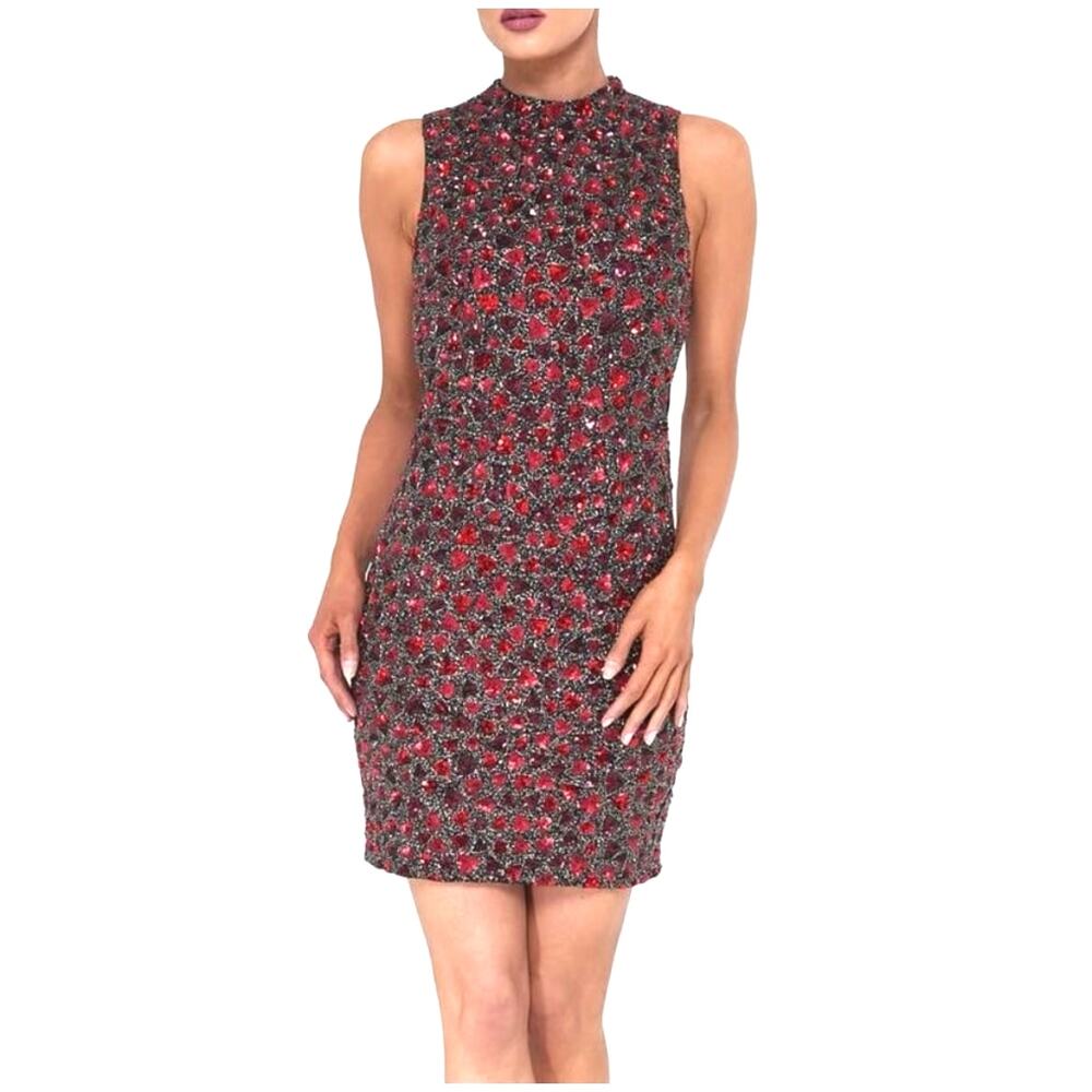 Alice + Olivia Rosalee Size 6 Embellished Mock Neck Sequin Sheath Dress